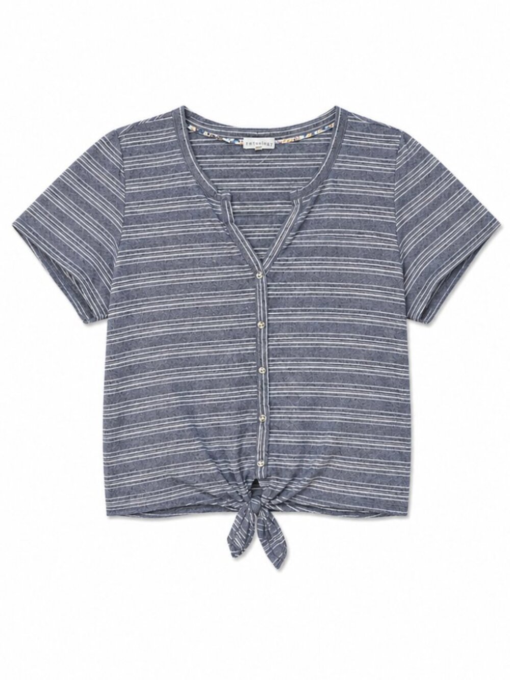 retrology Striped Gray Button-Down Women Top with Front Knot Detail, Size 1x